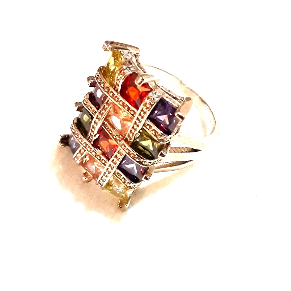 925 stamped plate loaded 12 Crystal silver ring